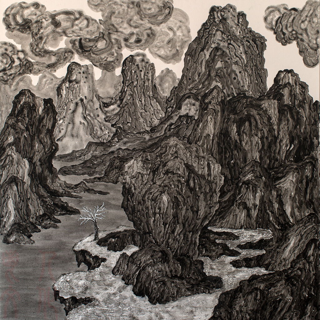 《云山独树图之一》布面丙烯、高110厘米、宽110厘米