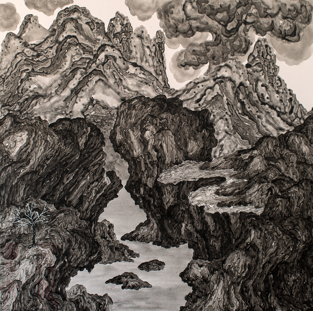 《云山独树图之二》布面丙烯、高110厘米、宽110厘米