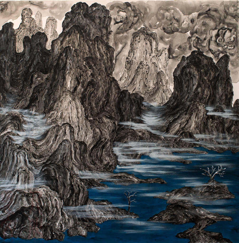 《碧水云山图之一》布面丙烯、高110厘米、宽110厘米