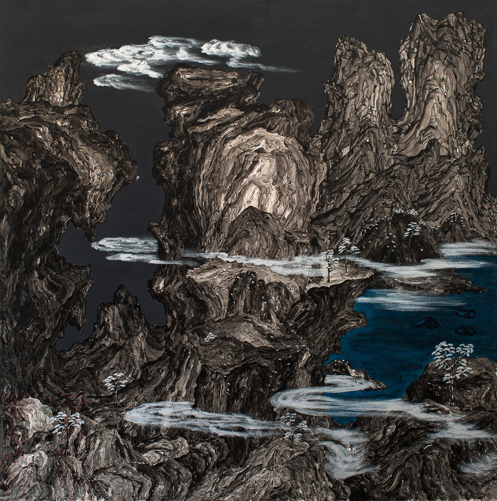 《碧水云山图之二》布面丙烯、高110厘米、宽110厘米